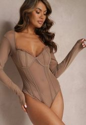Beżowe Siateczkowe Body z Gorsetowymi Przeszyciami i Delikatną Falbanką Modulsa. Brązowe body Renee, m, bez wzorów, z tiulu. Za 89.99 zł.