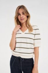 Bluza w paski z krótkimi rękawami ecru. Bluzy MOODO, l, bez wzorów, z bawełny, bez kaptura. Za 89.99 zł.