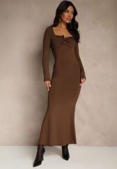 Brązowa Sukienka Koktajlowa z Wiskozą Ozdobiona Metaliczną Aplikacją Refane. Brązowe sukienki Renee, na imprezę, na lato, s, z aplikacjami, z wiskozy, bez kołnierzyka, bez ramiączek, maxi. Za 139.99 zł.