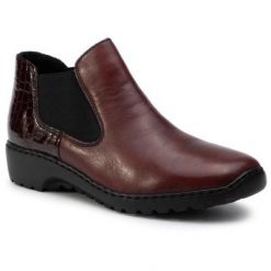 RIEKER L6090-35 Bordowy. Czerwone botki Rieker, bez wzorów, ze skóry, bez obcasa, bez zapięcia. Za 249.99 zł.