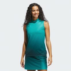 Koszulka Ultimate365 Gradient Sleeveless Mock Neck Top. Zielone topy Adidas, bez wzorów, bez kołnierzyka, bez ramiączek. W wyprzedaży za 236.50 zł.