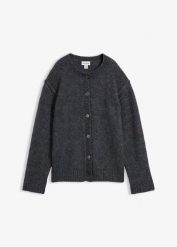 Kardigan z domieszką wełny. Fioletowe kardigany bonprix, bez wzorów, z wełny. Za 129.99 zł.