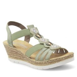 Sandały Rieker. Zielone sandały Rieker, bez wzorów, bez obcasa, na koturnie, bez zapięcia. Za 259.99 zł.