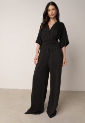 Czarny Elegancki Kombinezon Nietoperzowy z Wiskozą z Marszczeniem w Talii Wentina. Czarne sukienki Born2be, na co dzień, l, bez wzorów, z tkaniny, eleganckie, bez kołnierzyka, bez ramiączek, proste. Za 179.99 zł.
