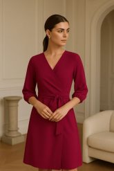 Sukienka elegancka kopertowa z bufiastymi rękawami śliwka. Sukienki Sukienki.shop, do pracy, m, bez wzorów, biznesowe, bez kołnierzyka, bez ramiączek, kopertowe. Za 349.00 zł.