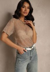 Beżowa Transparentna Bluzka z Wiskozą z Koronki Liovenne. Brązowe bluzki Renee, bez wzorów, z jeansu, eleganckie, bez kołnierzyka, bez ramiączek. Za 69.99 zł.