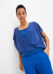 Bluzka shirtowa ze zrównoważonego materiału. Niebieskie bluzki bonprix, bez wzorów, z dżerseju, eleganckie, bez kołnierzyka, bez ramiączek. Za 54.99 zł.