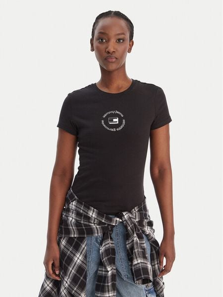 Tommy Jeans T-Shirt DW0DW22273 Czarny Slim Fit. Czarne t-shirty Tommy Jeans, xs, bez wzorów, z bawełny, bez kołnierzyka, bez ramiączek. Za 129.99 zł.