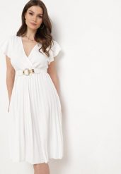 Biała Rozkloszowana Sukienka Midi z Kopertową Górą i Plisowanym Dołem Alissu. Białe sukienki Born2be, l, bez wzorów, eleganckie, bez kołnierzyka, bez ramiączek, midi, kopertowe. Za 44.99 zł.