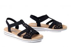 RIEKER V0646-00 black, sandały damskie. Czarne sandały Rieker, bez wzorów, bez obcasa, bez zapięcia. Za 255.92 zł.