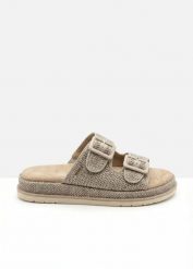 Klapki Tom Tailor na platformie o wyglądzie szydełkowanym. Brązowe klapki bonprix, bez wzorów, bez obcasa, na platformie. Za 229.99 zł.