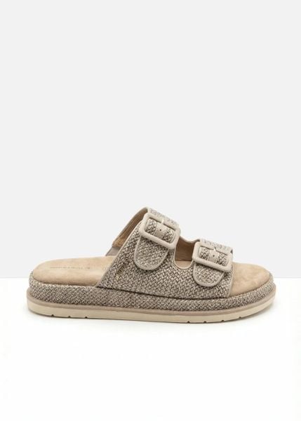 Klapki Tom Tailor na platformie o wyglądzie szydełkowanym. Brązowe klapki bonprix, bez wzorów, bez obcasa, na platformie. Za 229.99 zł.