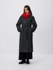 Wiązany płaszcz z wełną - czarny. Czarne płaszcze Reserved, l, bez wzorów, z tkaniny, bez kaptura. Za 359.99 zł.