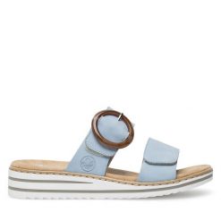 Klapki Rieker. Niebieskie klapki Rieker, bez wzorów, bez obcasa. Za 199.99 zł.
