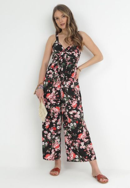 Czarny Kombinezon w Kwiaty z Ozdobnym Wiązaniem Freewild. Czarne sukienki Born2be, na lato, l, bez wzorów, bez kołnierzyka, bez ramiączek. Za 99.99 zł.