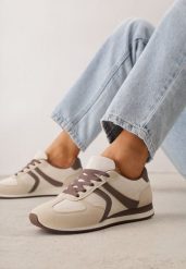 Beżowe Sneakersy Sportowe z Imitacji Zamszu z Geometrycznymi Wstawkami Shanoom. Brązowe obuwie sportowe Born2be, z dzianiny, bez zapięcia. Za 119.99 zł.