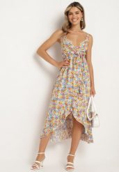 Żółta Bawełniana Sukienka na Ramiączkach z Kopertowym Dekoltem i Asymetrycznym Rozcięciem Xiloa. Żółte sukienki Born2be, m, bez wzorów, z bawełny, z asymetrycznym kołnierzem, bez ramiączek, midi, asymetryczne. Za 69.99 zł.