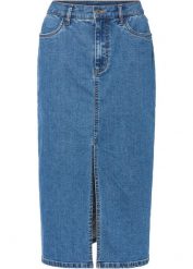 Długa spódnica dżinsowa z rozcięciem, z materiału Positive Denim #1 Fabric. Niebieskie spódnice bonprix, bez wzorów, z bawełny, maxi. Za 129.99 zł.