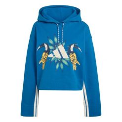 Bluza damska adidas x Farm Rio. Niebieskie bluzy sportowe Adidas, s, bez wzorów, z bawełny, z kapturem. Za 297.75 zł.
