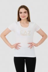 EA7 Biały damski t-shirt z cyrkoniami, Rozmiar S. Białe t-shirty EA7 Emporio Armani, s, bez wzorów, bez kołnierzyka, bez ramiączek. W wyprzedaży za 239.99 zł.