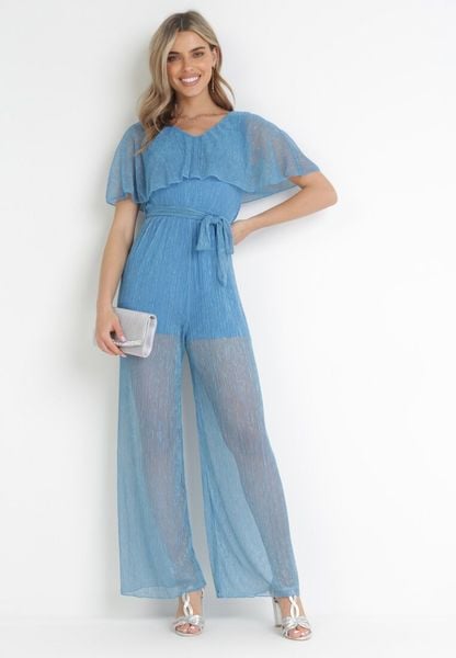 Niebieski Kombinezon z Ozdobną Narzutką i Gumką w Pasie Ophisima. Niebieskie sukienki Born2be, na imprezę, m, bez wzorów, z tkaniny, eleganckie, bez kołnierzyka, bez ramiączek, mini. Za 179.99 zł.