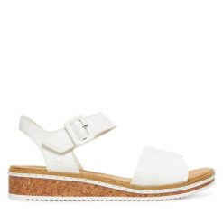 Sandały Rieker. Białe sandały Rieker, bez wzorów, bez obcasa, na koturnie, bez zapięcia. Za 289.99 zł.