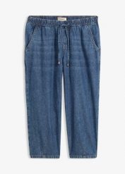 Jeansy barrel, mid waist, cropped. Niebieskie jeansy bonprix, bez wzorów. Za 114.99 zł.