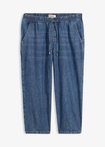 Jeansy barrel, mid waist, cropped. Niebieskie jeansy bonprix, bez wzorów. Za 114.99 zł.