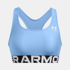 Stanik sportowy damski treningowy Under Armour biustonosz sportowy. Niebieskie bielizna sportowa Under Armour, bez wzorów, bez ramiączek, do biegania. Za 104.99 zł.