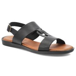 Czarne Sandały Hee Modne Obuwie Damskie. Czarne sandały Hee, z aplikacjami, ze skóry, eleganckie, bez obcasa, bez zapięcia. Za 259.00 zł.