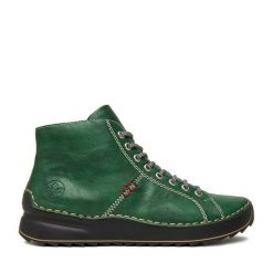 Botki Rieker. Zielone botki Rieker, bez wzorów, bez obcasa, na płaskiej podeszwie, bez zapięcia. Za 349.99 zł.
