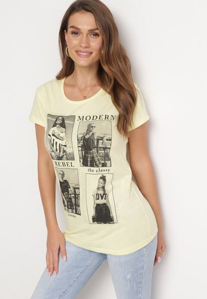 Żółty Bawełniany T-shirt z Nadrukiem i Brokatem Kruita. Żółte t-shirty Born2be, l, bez wzorów, z bawełny, bez kołnierzyka, bez ramiączek. Za 49.99 zł.