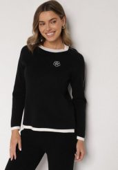 Czarny Sweter Ozdobiony Paskami i Aplikacją Tusanne. Czarne swetry Born2be, uniwersalny, z aplikacjami, z jeansu, bez ramiączek. Za 79.99 zł.