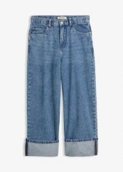 Jeansy wide leg, mid waist, cropped. Niebieskie jeansy bonprix, bez wzorów. Za 127.99 zł.