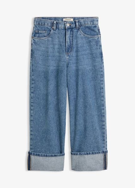 Jeansy wide leg, mid waist, cropped. Niebieskie jeansy bonprix, bez wzorów. Za 127.99 zł.