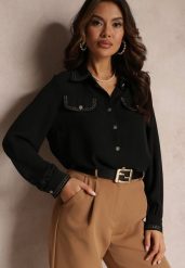 Czarna Koszula Zdobiona Biżuteryjnymi Guzikami i Tasiemkami Tosur. Czarne koszule Renee, m, z aplikacjami, eleganckie, bez kołnierzyka, bez ramiączek. Za 119.99 zł.