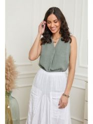 Le Monde du Lin Lniany top w kolorze zielonym rozmiar: 34/36. Zielone topy Le Monde du Lin, bez wzorów, ze lnu, bez kołnierzyka, bez ramiączek. Za 108.99 zł.