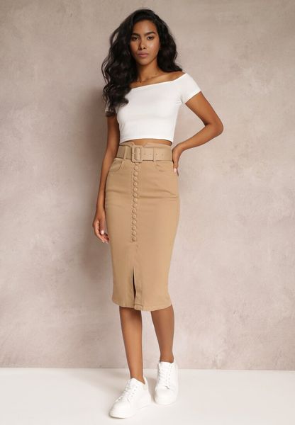 Ciemnobeżowa Jeansowa Spódnica Ołówkowa Midi z Guzikami i Rozcięciem Jackiesa. Brązowe spódnice Renee, l, bez wzorów, z jeansu, midi, ołówkowe. Za 139.99 zł.