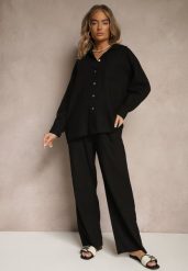 Czarny Komplet z Lnem Koszula i Spodnie o Szerokim Kroju Renavine. Czarne koszule Renee, bez wzorów, z materiału, eleganckie, bez kołnierzyka, bez ramiączek. Za 149.99 zł.