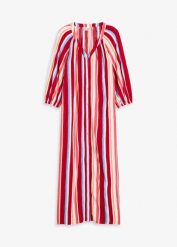Sukienka typu kaftan z wiskozy z fakturą we wzór w paski. Czerwone sukienki bonprix, bez wzorów, z wiskozy, bez kołnierzyka, bez ramiączek, plisowane. Za 74.99 zł.