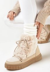 Beżowe Śniegowce Ozdobione Futerkiem Przy Sznurowaniu Avionea. Brązowe trapery i śniegowce Born2be, z jeansu. Za 139.99 zł.