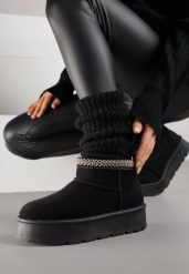 Czarne Śniegowce na Grubej Podeszwie Zdobione Haftem Sewnella. Czarne trapery i śniegowce Born2be, z jeansu. Za 69.99 zł.