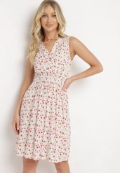 Biało-Różowa Wiskozowa Sukienka w Kwiaty z Gumką w Talii i Kopertowym Dekoltem Halevia. Białe sukienki Born2be, na imprezę, na lato, m, bez wzorów, z materiału, eleganckie, bez kołnierzyka, bez ramiączek, kopertowe. Za 59.99 zł.