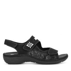 Sandały Remonte. Czarne sandały Remonte, bez wzorów, bez obcasa, na słupku, bez zapięcia. Za 379.99 zł.