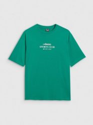 4F T-shirt oversize z nadrukiem damski - zielona XS. Zielone koszulki sportowe 4f, bez wzorów, z bawełny, bez ramiączek. Za 59.99 zł.