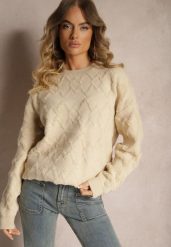Beżowy Luźny Sweter o Pudełkowym Kroju i Tłoczonym Splocie ze Ściągaczami Elomara. Brązowe swetry Renee, bez wzorów, z jeansu, bez ramiączek. Za 139.99 zł.