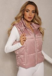 Różowa Pikowana Kamizelka z Szerokim Kapturem Wivelle. Czerwone kamizelki Renee, l, z aplikacjami, z jeansu. Za 119.99 zł.