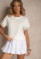 Biały Bawełniany T-shirt z Koronkowymi Zdobieniami i Cekinami Drane. Białe t-shirty Renee, l, z aplikacjami, z bawełny, bez kołnierzyka, bez ramiączek. W wyprzedaży za 45.49 zł.