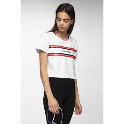 T-shirt damski TSD414 - biały. Białe t-shirty 4f, bez wzorów, z bawełny, bez kołnierzyka, bez ramiączek. W wyprzedaży za 19.99 zł.