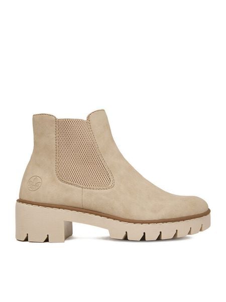 Rieker Botki CEO-X5772-60 Beżowy jasny. Brązowe botki Rieker, bez wzorów, z materiału, bez obcasa, na płaskiej podeszwie, bez zapięcia. Za 349.99 zł.